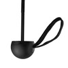A black umbrella base with a textured finish and a braided strap attached.