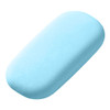 A light blue rubber eraser with a smooth, rounded shape, featuring a logo on the surface.