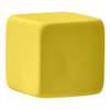 A yellow cube-shaped rubber eraser with a smooth surface and rounded edges. It features a logo on one side.