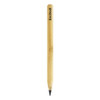 A bamboo pencil with a grey lead tip, featuring a sleek design and a branding logo.