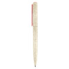 A beige eco-friendly pen with a pink clip, featuring a logo on the side.