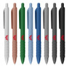 A selection of plastic pens in various colours: white, brown, green, blue, and black, featuring a branded logo.