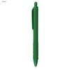 A green plastic pen with a textured grip and a clip for attachment. It features a logo on its body.