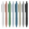 A collection of plastic pens in various colours: white, pink, green, light blue, dark blue, beige, grey, and black. Each pen features a grip and clip.