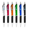 A collection of six plastic pens in silver, red, orange, green, blue, and black, each featuring a textured grip and a logo.