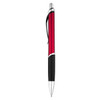 A red and black plastic pen with a sleek design and silver accents, featuring a clip and textured grip.