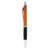 An orange and black plastic pen with a silver clip and tip, featuring a textured grip and branding.