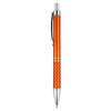 An orange plastic pen with a textured grip and chrome accents, featuring a logo.