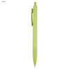 A green plastic pen with a smooth finish and a clip for easy attachment. It features a logo on the barrel.