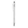 A white stylus pen with a silver clip and tip, featuring a logo on the body.