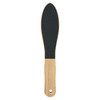 A wooden foot file featuring a black abrasive surface and a light wooden handle.