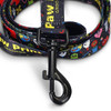 A dog leash featuring a black background with colourful, cartoon-style graphics and a sturdy metal clip.
