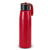 A drink bottle in bright red with a black cap and a red handle, featuring a logo on the body.