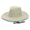 A wide-brimmed hat in light beige, featuring ventilation holes and an adjustable chin strap. It has a logo.