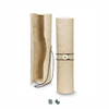 A wooden wine tube in natural light wood, featuring a leather tie and an internal compartment. It also has a logo.