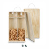 A wooden wine gift box with two compartments, featuring a natural finish and shredded paper inside.