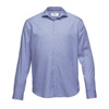 A button-up shirt in light blue with a classic collar and long sleeves, featuring a brand logo.