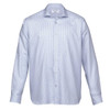 A light blue and white checked button-up shirt with a collar and long sleeves, featuring a logo.