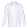 A white button-up shirt featuring long sleeves and a collar, with a logo on the label.