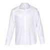 A white long-sleeved button-up shirt with a collar and a logo. Suitable for corporate wear.