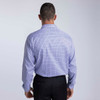 A men's button-up shirt in a blue and white check pattern, featuring a classic collar and long sleeves.