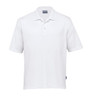 A white polo shirt featuring a collar and short sleeves, with a logo on the side.
