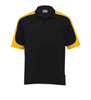 A black polo shirt with yellow sleeves and white piping, featuring a logo on the chest area.