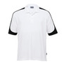 A white polo shirt with black sleeves and a collar, featuring a logo on the chest.