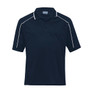 A navy blue men's polo shirt with white accent lines and a collar. It features a branded logo.