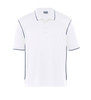 A white polo shirt with navy trim and a logo on the chest. Short sleeves and a classic collar design.