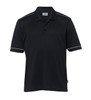 A black men's polo shirt with contrasting grey stripes and a logo on the chest.