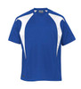 A blue t-shirt with white spliced accents and a logo. Features short sleeves and a sporty design.