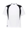 A white youth t-shirt featuring black spliced design elements and a logo. Suitable for casual wear or sports.