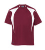 A maroon T-shirt with white spliced design features and a logo on the side.