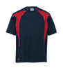 A navy blue t-shirt with red spliced accents and a logo on the lower side.