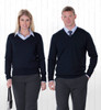A navy Merino Detailed Vee Pullover sweater for men and women, featuring a classic V-neck design.