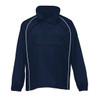 A navy Nylon Jac Pac jacket featuring a half-zip front and elastic cuffs. It has a logo on the front.