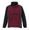 A maroon and black rain jacket featuring a zippered pocket and a high collar. It includes a logo on the chest.