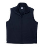 A navy blue men's vest featuring a zip front and a high collar, with a logo on the label.