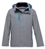 A grey soft shell jacket featuring blue accents and a hood, with multiple zippered pockets and branding.
