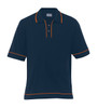 A navy blue polo shirt with orange piping and three buttons, featuring a logo on the chest.