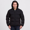 A black puffer jacket with a hood, featuring a zip front and side pockets, on a model against a plain background.