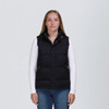 A black puffa vest with two zippered pockets, featuring a high collar and a fitted design.