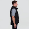 A black puffa vest featuring a high collar and side pockets, displayed on a male model from the side.