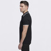 A black polo shirt with white striped detailing on the collar and sleeves, featuring a logo.