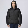 A padded rain jacket in black and dark grey with a hood and front pockets. Features branding on the chest area.