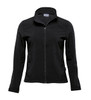 A black soft shell jacket with a zip front and two side pockets. It features a collar and has a logo.