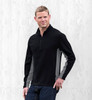 A black jumper with grey panels, featuring a quarter-zip neck and a small pocket on the chest.