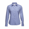 A light blue button-up women's shirt with long sleeves and a collar, featuring a logo.