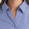 A women's button-up shirt in blue and white check pattern, featuring a collar and button closure. It has a logo.